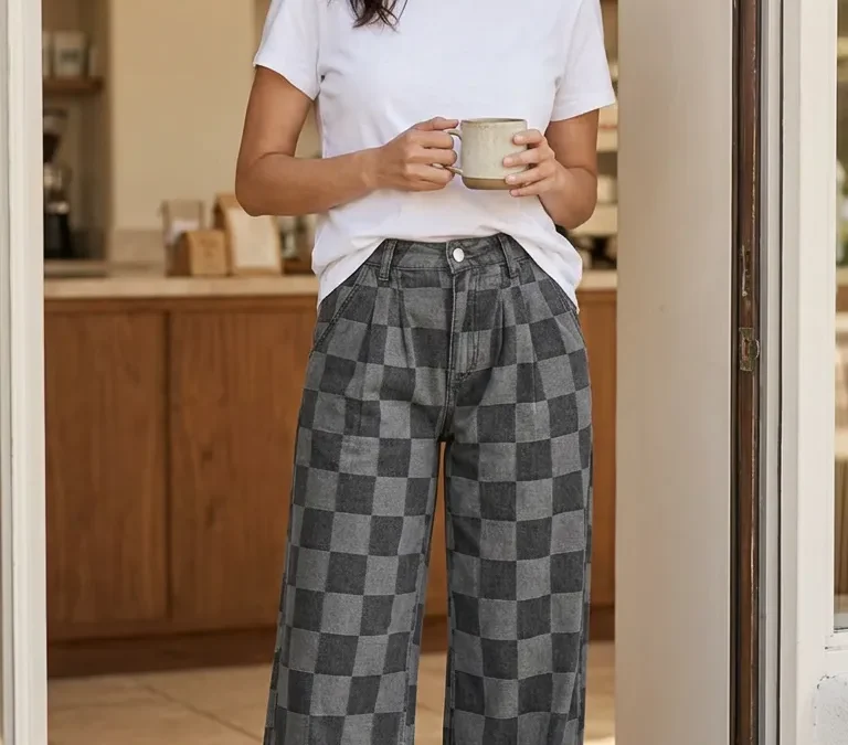 Dark Grey Checkered Denim Wide-Leg Jeans That Move With You
