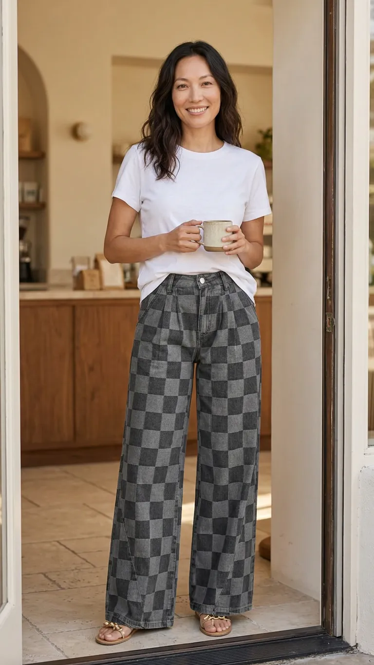 Dark Grey Checkered Denim Wide-Leg Jeans That Move With You