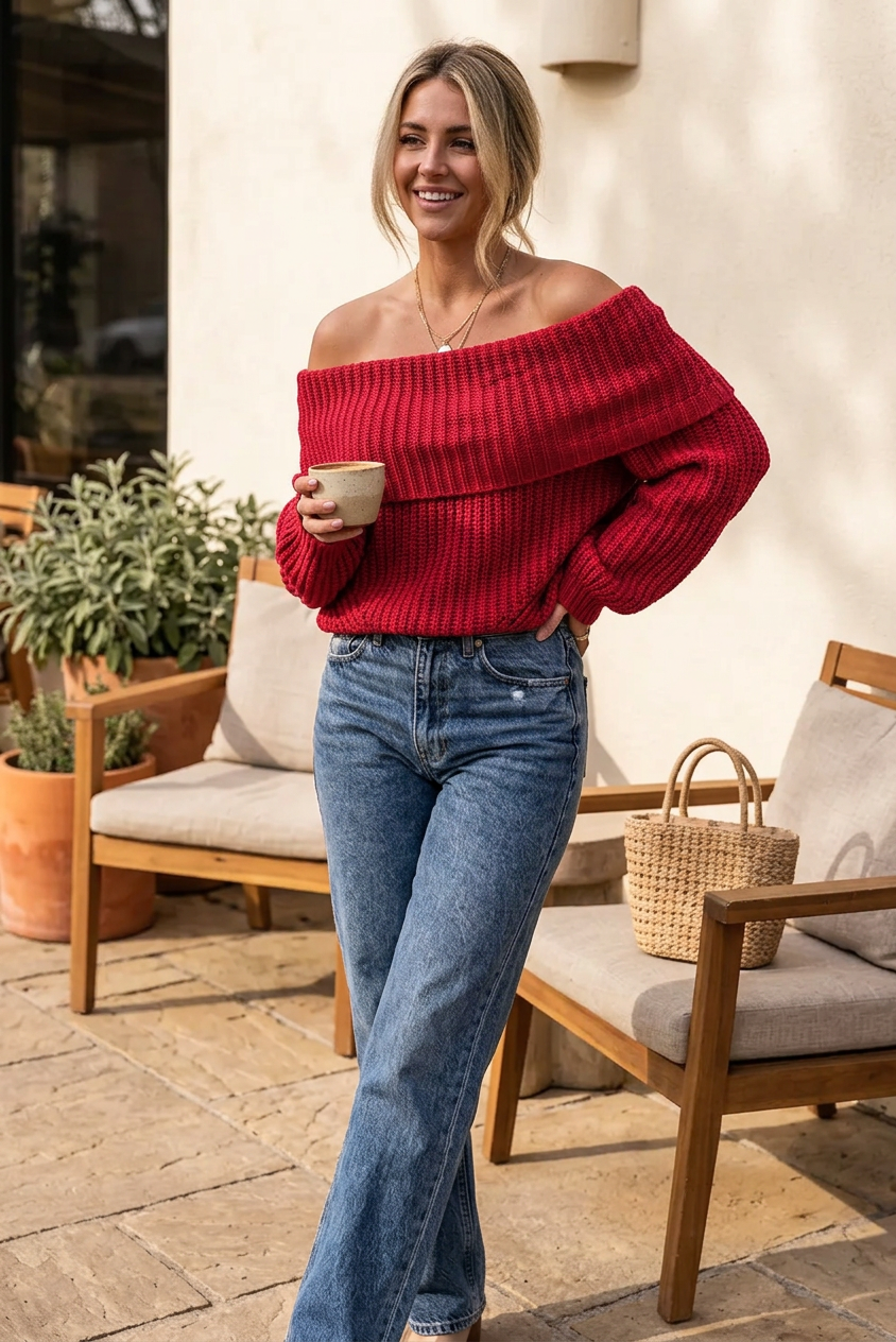 Racing Red Off-Shoulder Knit Sweater – Flirty, Casual Slouchy Knit