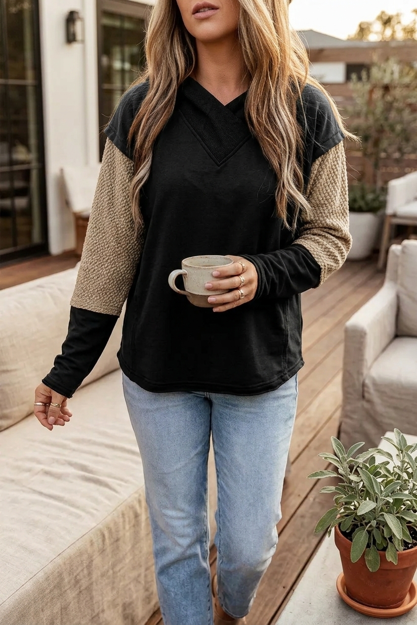 Trendy Black Colorblock Casual Hoodie for Comfortable Fall Fashion Enthusiasts