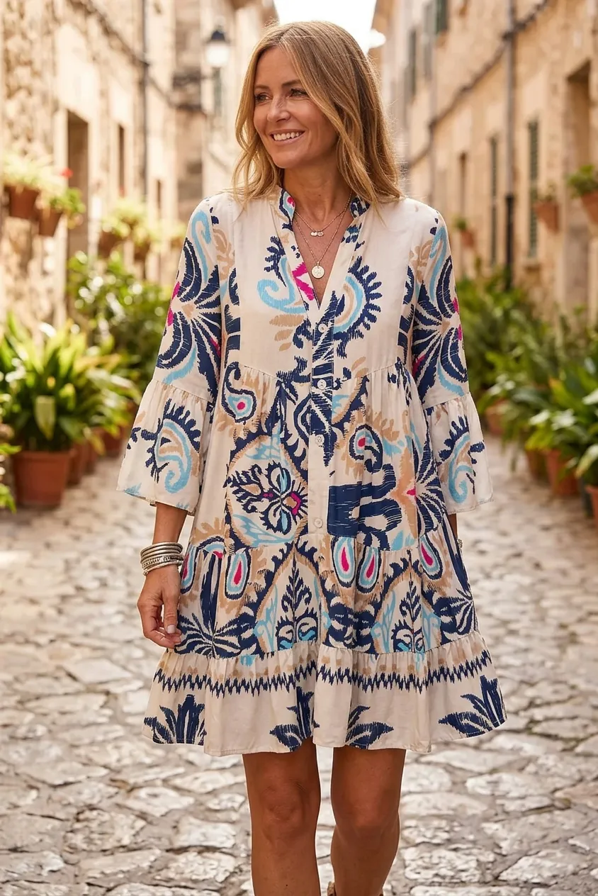 Bohemian White Tribal Print Mini Dress for Spring Floral A-Line Style