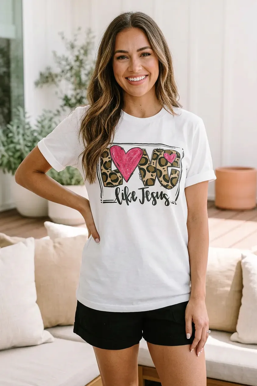 White LOVE Like Jesus Inspirational Graphic Crew Neck Tee for Summer Celebrations and Valentine’s Day Gift