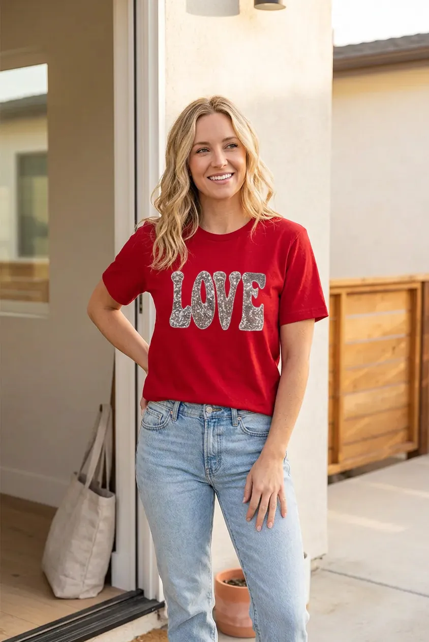 Sparkling Red Sequined LOVE Letter Graphic T-shirt for Vibrant Valentine’s Day Style