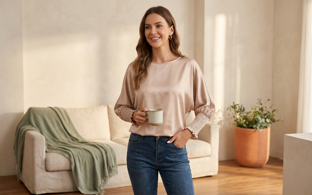 The Smoke Gray Satin Blouse That Makes Fall Feel Effortless