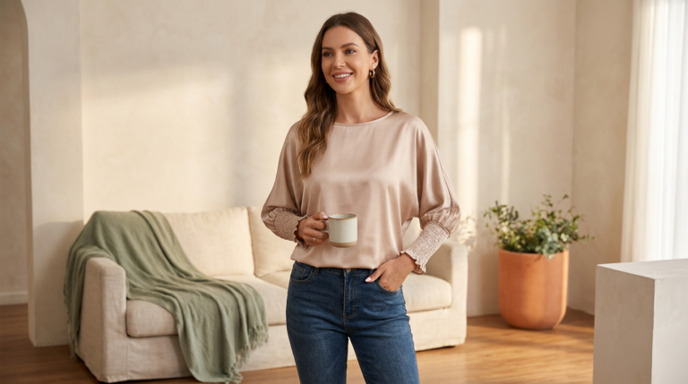 The Smoke Gray Satin Blouse That Makes Fall Feel Effortless
