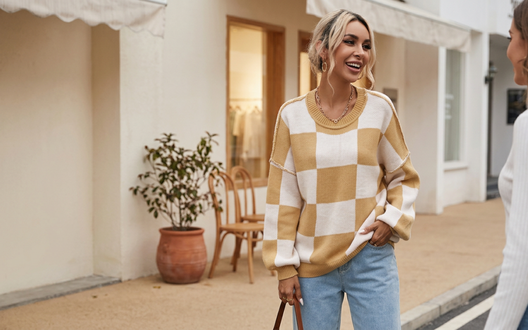 Checkered Bishop Sleeve Sweater That Makes Fall Feel Effortless