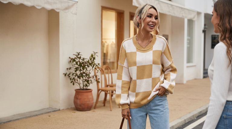 Checkered Bishop Sleeve Sweater That Makes Fall Feel Effortless