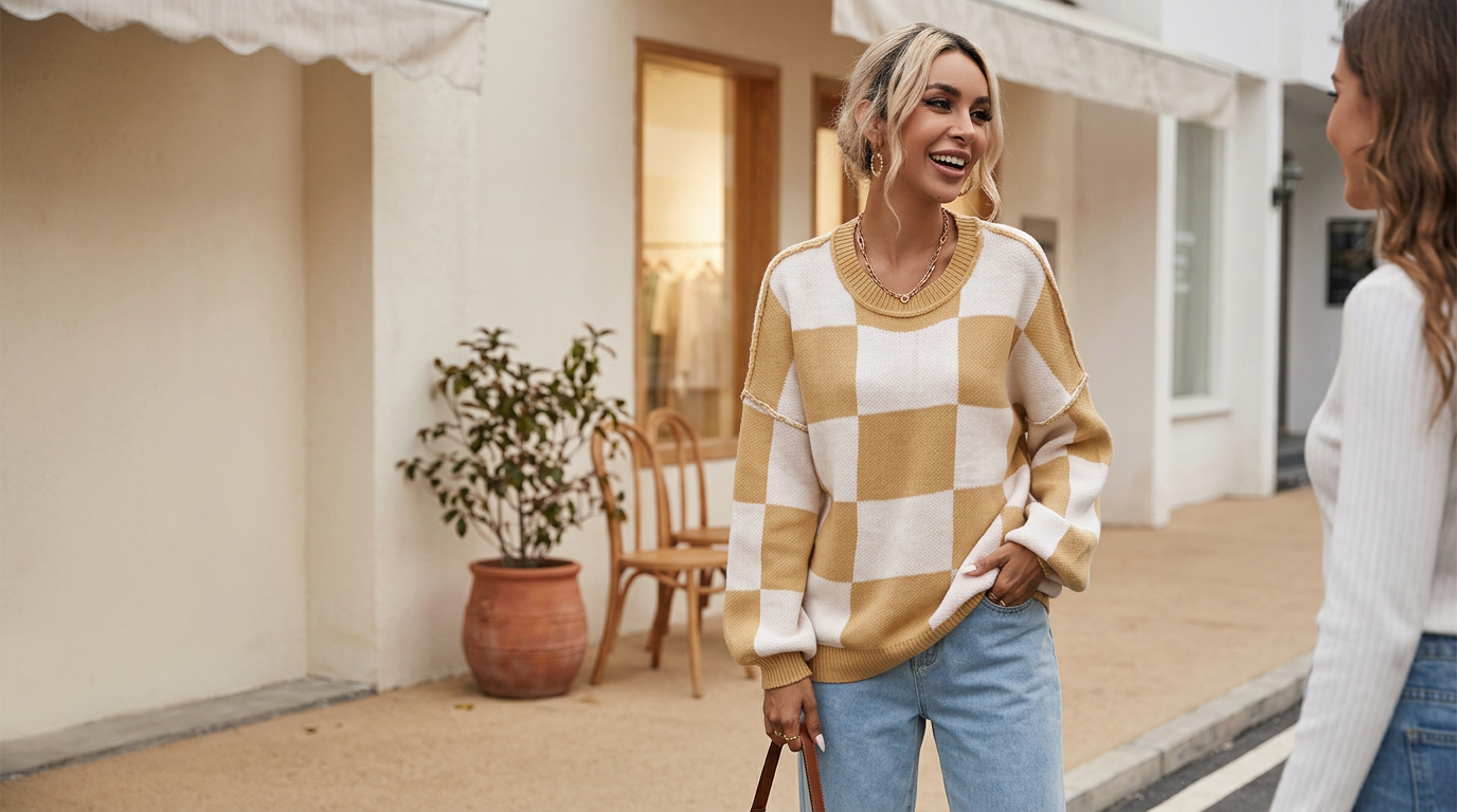 Chic Khaki Checkered Bishop Sleeve Sweater for Cozy Fall Fashion Style