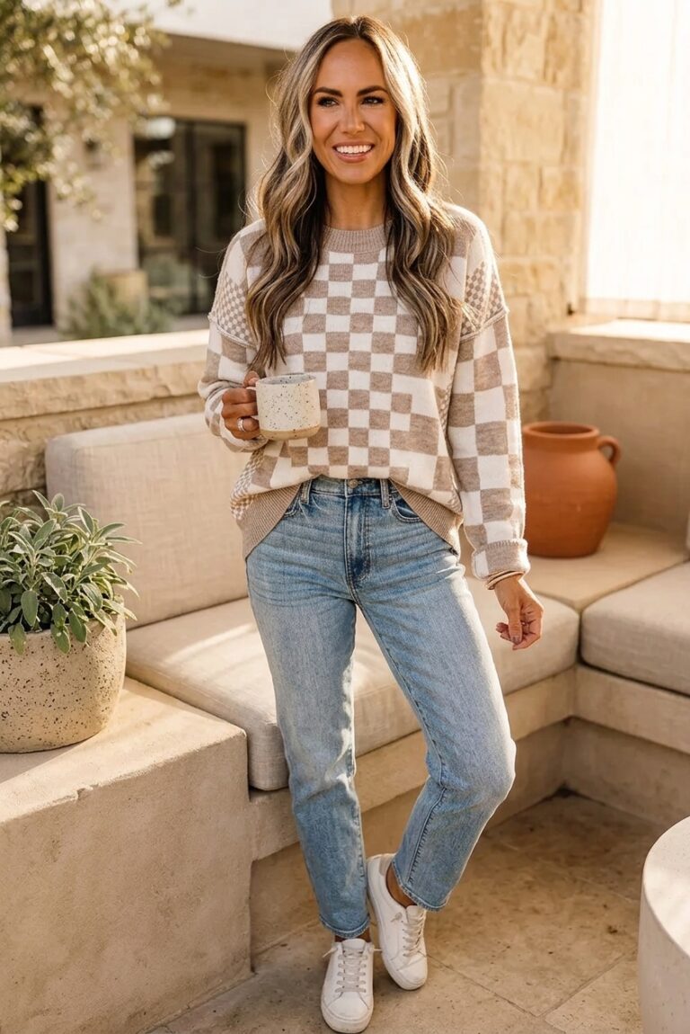 Cozy Khaki Checkered Sweater That Makes Fall Layering Feel Easy