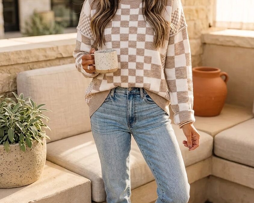 Cozy Khaki Checkered Sweater That Makes Fall Layering Feel Easy