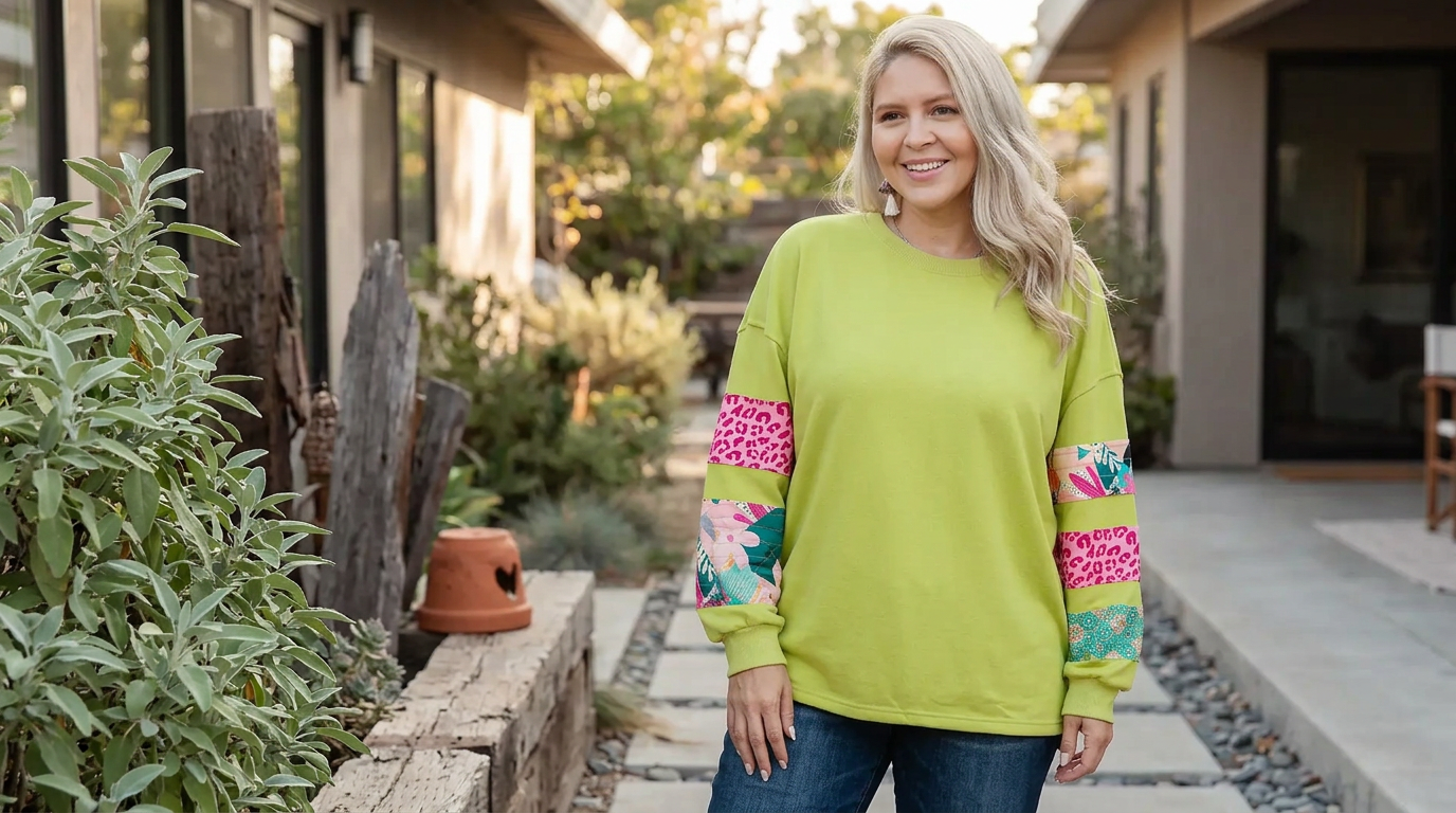 Fresh Green Plus Size Patchwork Sweatshirt with Leopard Leaf Prints for Casual Fall and Autumn Style