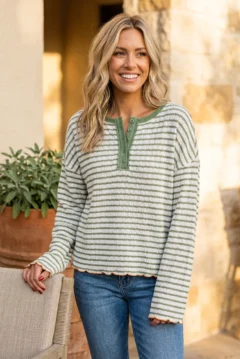 Green Stripe Henley That Makes Fall Feel Effortless